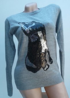 Bluza Gri cu maneca lunga cu pisica din paiete