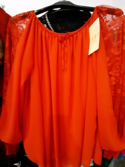 Bluza Rosie din Voal cu Dantelă pe Maneci acoperită de voal,partial