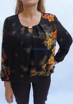 Bluza Voal Neagra cu Flori Portocalii