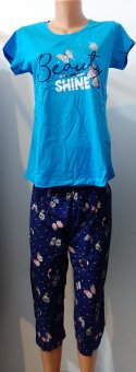 Pijama Dama Albastra Imprimata din Bumbac de vara cu pantalon 3/4,  Vienetta