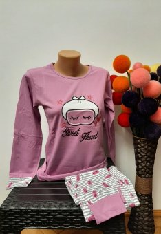 Pijama Dama Roz Imprimate din bumbac cu pantalon lung 