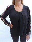 Bluza Dama Neagra din Voal cu Broderie Laterala pe Maneca